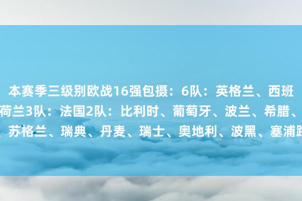 本赛季三级别欧战16强包摄：6队：英格兰、西班牙4队：德国、意大利、荷兰3队：法国2队：比利时、葡萄牙、波兰、希腊、挪威1队：罗马尼亚、苏格兰、瑞典、丹麦、瑞士、奥地利、波黑、塞浦路斯、捷克、斯洛文尼亚、土耳其    体育录像/图片